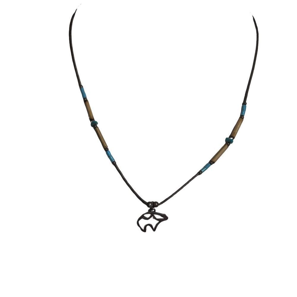 Vtg Southwestern 925 Single Strand Turquoise Zuni Bear Liquid silver necklace